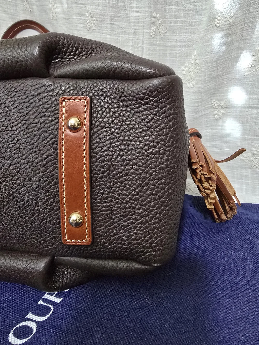Dooney & Bourke Brown Pebbled Leather Satchel with Tan Trim
